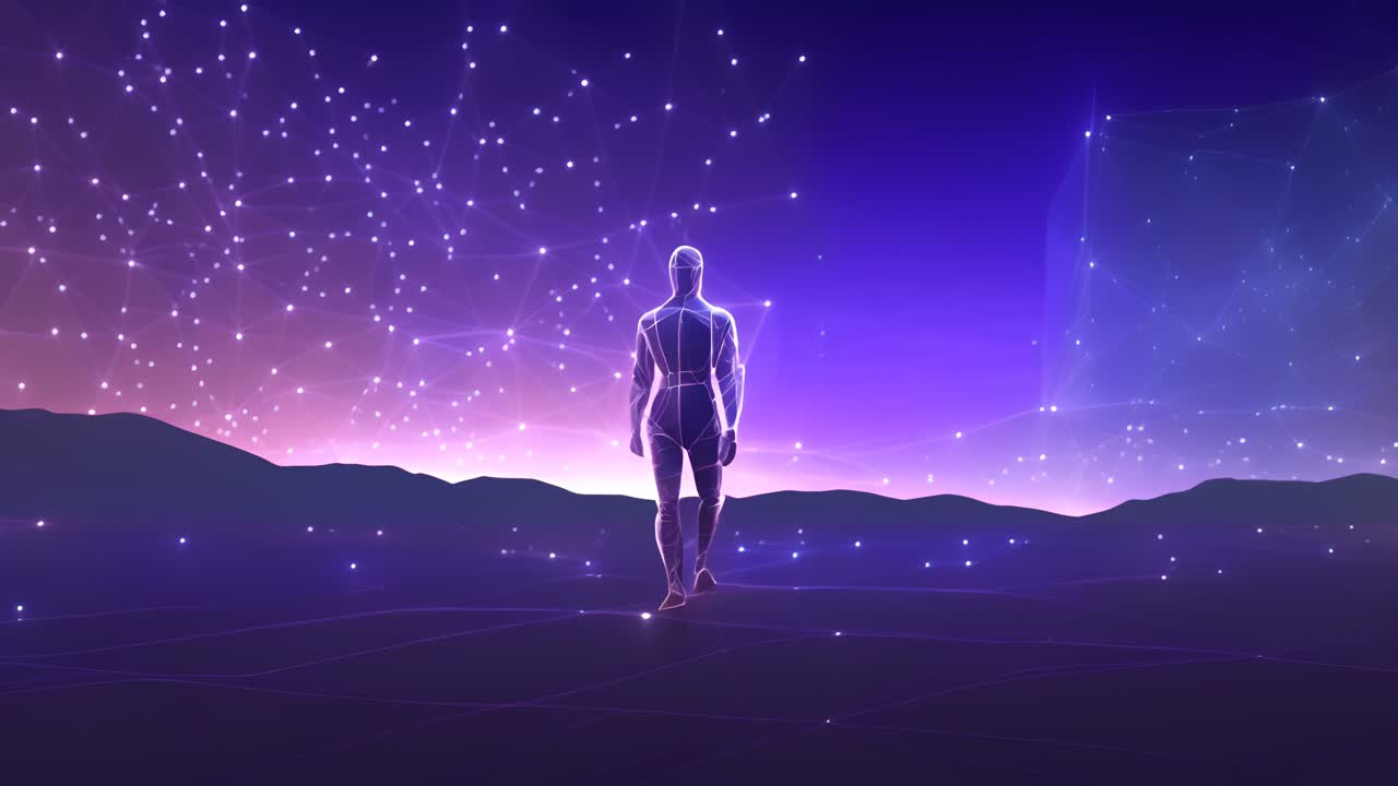 Figura Cyberpunk che Cammina Attraverso un Paesaggio Stellato