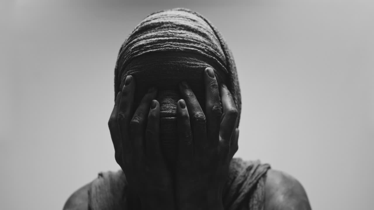 A mummified woman against the bright background in keeps her hands on her face the powerful pose full of despair