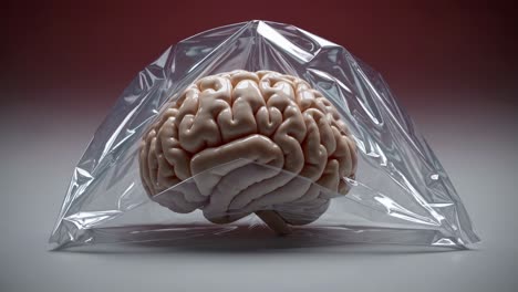 human brain wrapped in plastic wrap symbolizing mental health issues such as anxiety, depression, and emotional suppression, causing difficulty thinking, feeling, and expressing oneself