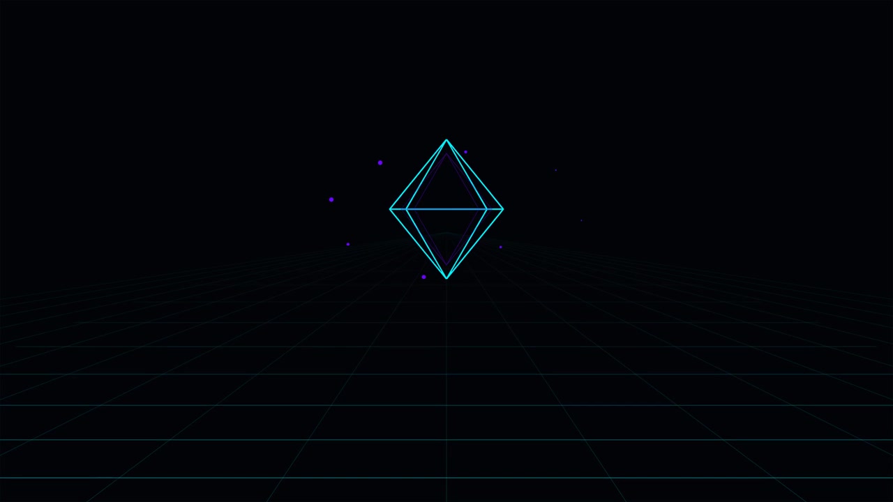 Rotating Neon Geometric Shape on Retro Grid Background