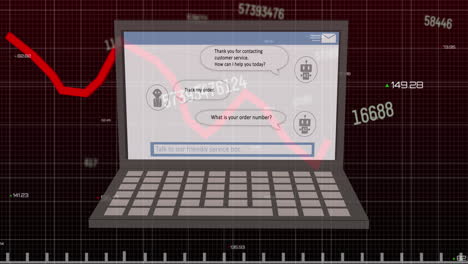 animación de procesamiento de datos ai, chat, estadísticas e iconos en la pantalla del portátil y la línea roja