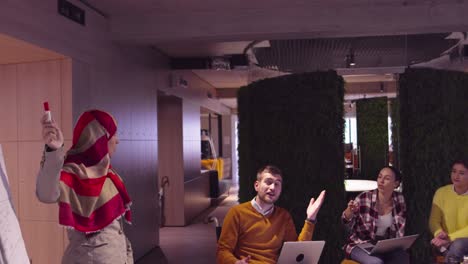 mujer musulmana en una moderna oficina de coworking de espacio abierto dando una presentación al equipo. mujer de negocios árabe de oriente medio en una oficina de startup creativa. empresario discapacitado en silla de ruedas en una reunión de equipo