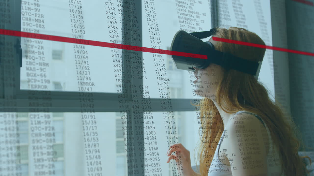 animación de una mujer en auriculares vr por ventana con interfaz e información digital de desplazamiento rápido
