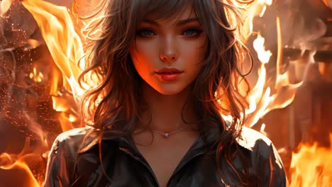 a young woman stands confidently amidst a fiery backdrop at dusk