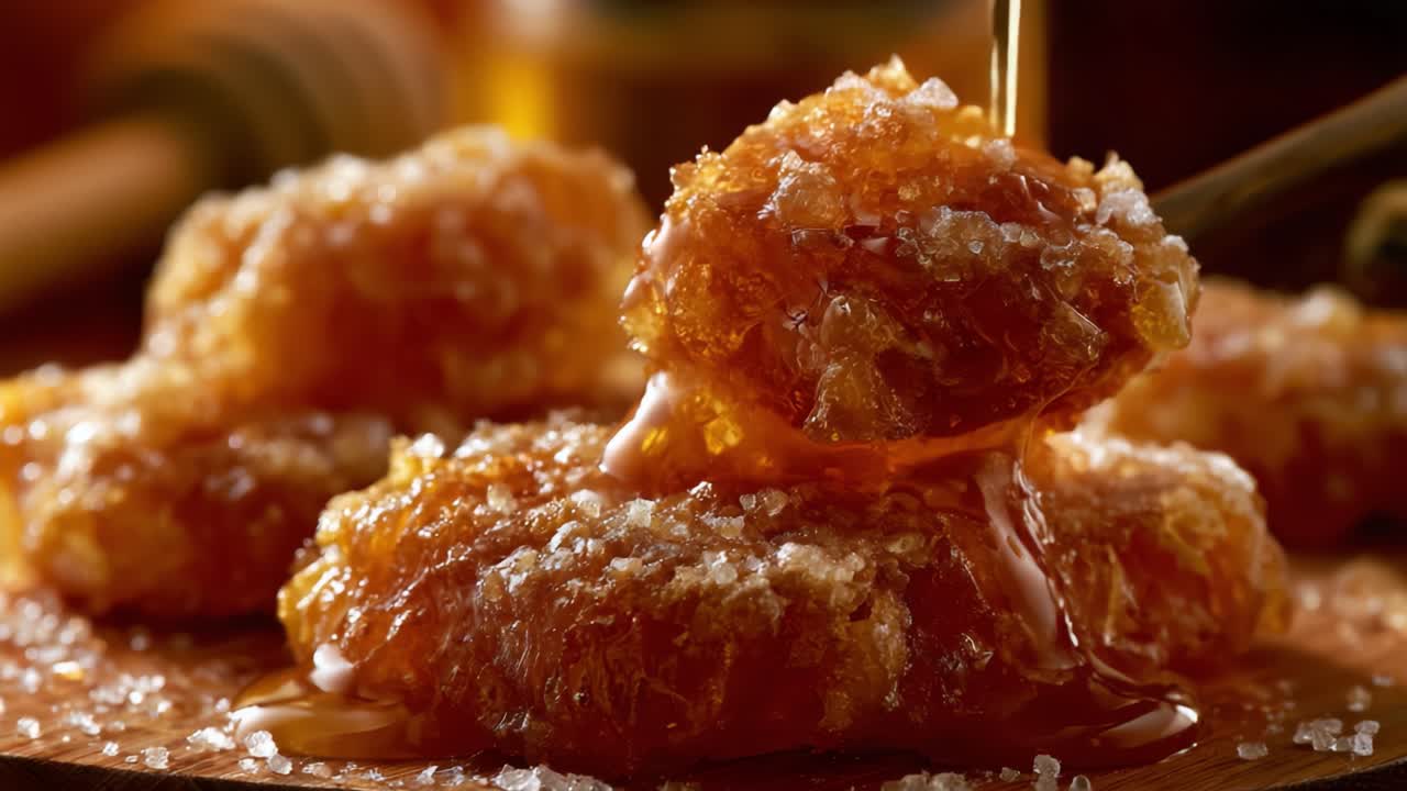 Deliziosi Dolcetti al Miele Glassati Scintillanti di Cristalli di Zucchero, che Mostrano un'Esperienza di Dessert Acquolina in Bocca, Perfetti per gli Amanti dei Dolci e gli Appassionati di Cucina