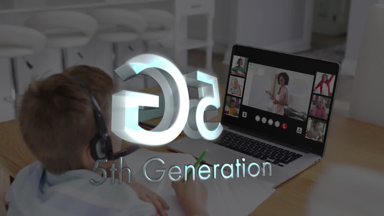 Animation of 5g text over caucasian schoolboy on laptop online learning