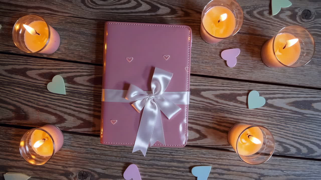 Diário rosa com fita, velas e corações em uma mesa de madeira