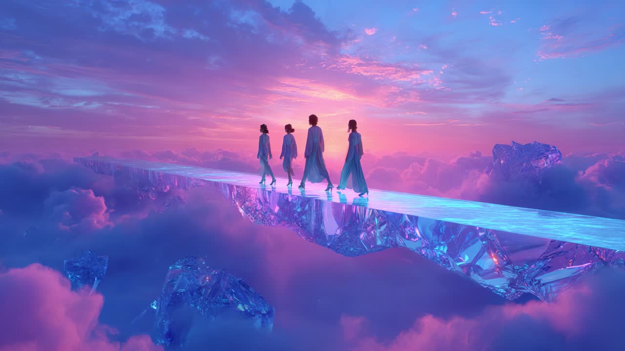 People walking on a crystal bridge in the sky at sunset