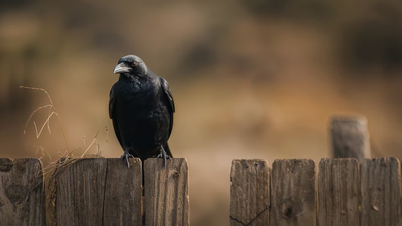 Landing solitary black crow settling onto fence post at field, scanning horizon with dried grass
