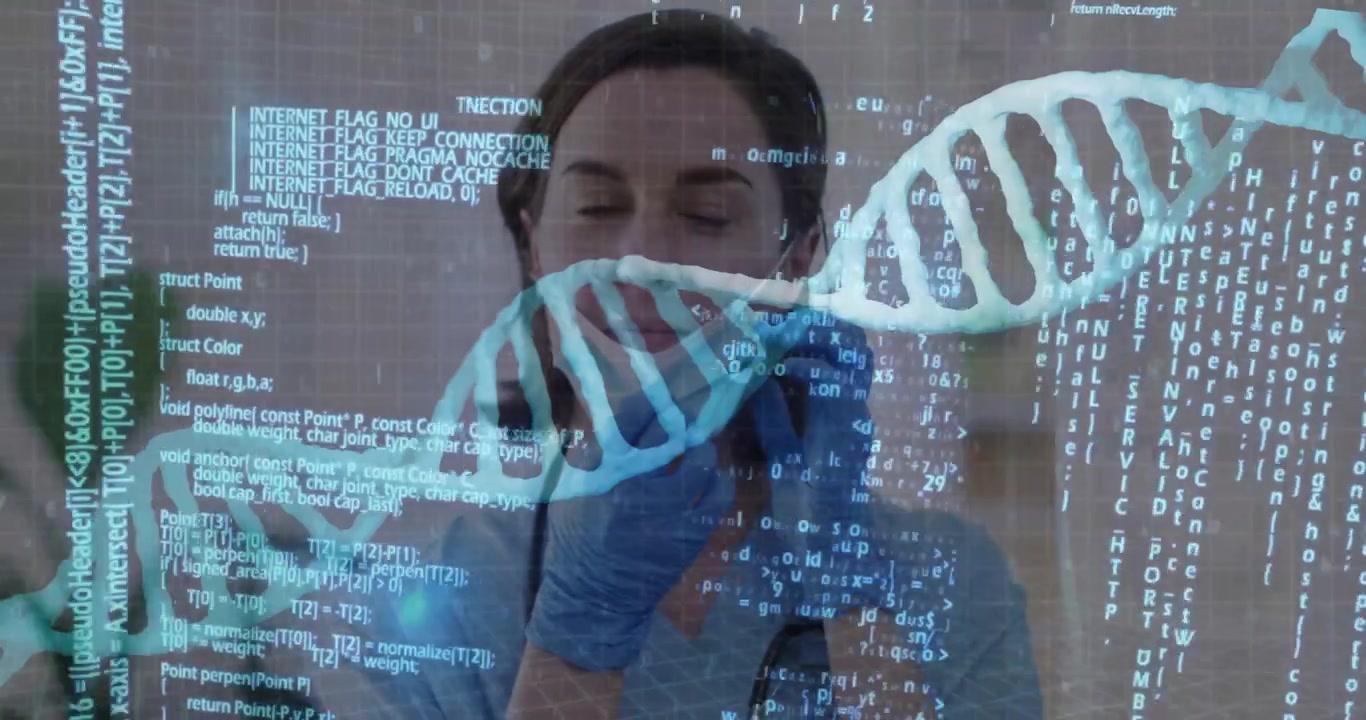 Female medical professional analyzing data in tech lab, with streaming code and DNA helix overlay