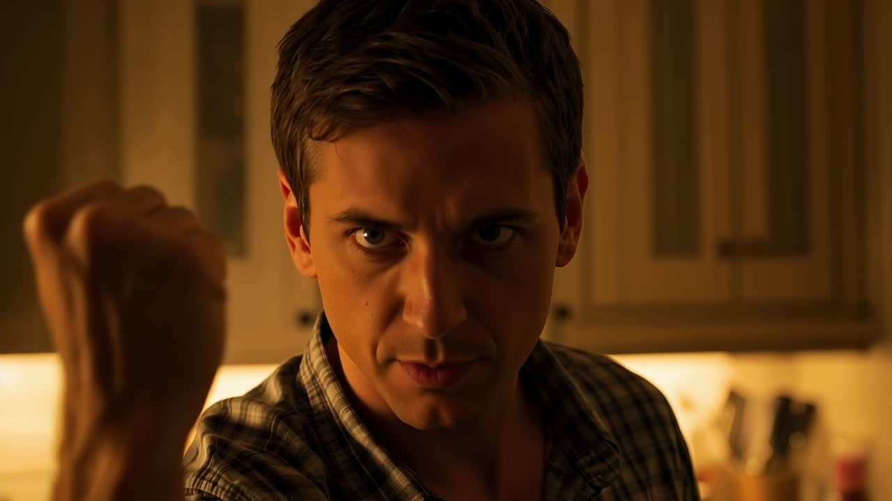 Raising right hand, adult man making beckoning gesture at camera, kitchen, plaid shirt, knife block
