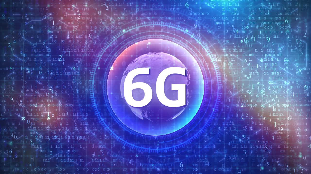 Concetto 6G su sfondo cibernetico futuristico con HUD, numeri e globo