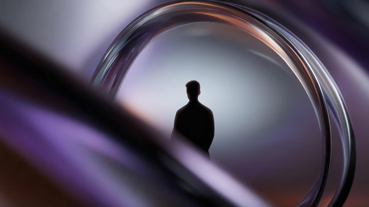 A solitary figure stands framed by a swirling lens, glowing with rich colors, symbolizing introspection and the passage of time through its artful design