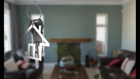 Animation-of-key-with-keychain-in-shape-of-house-over-living-room-interior