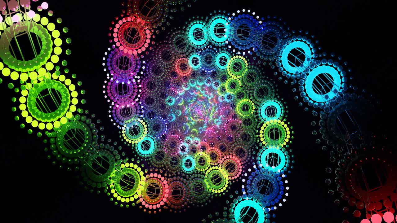 This seamless loop features a mesmerizing spiral of colorful circles and geometric shapes, creating a captivating visual experience ideal for screensavers or artistic backgrounds