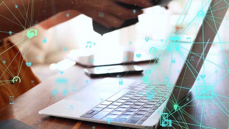 Animation of network of connections with media icons over caucasian woman using tablet