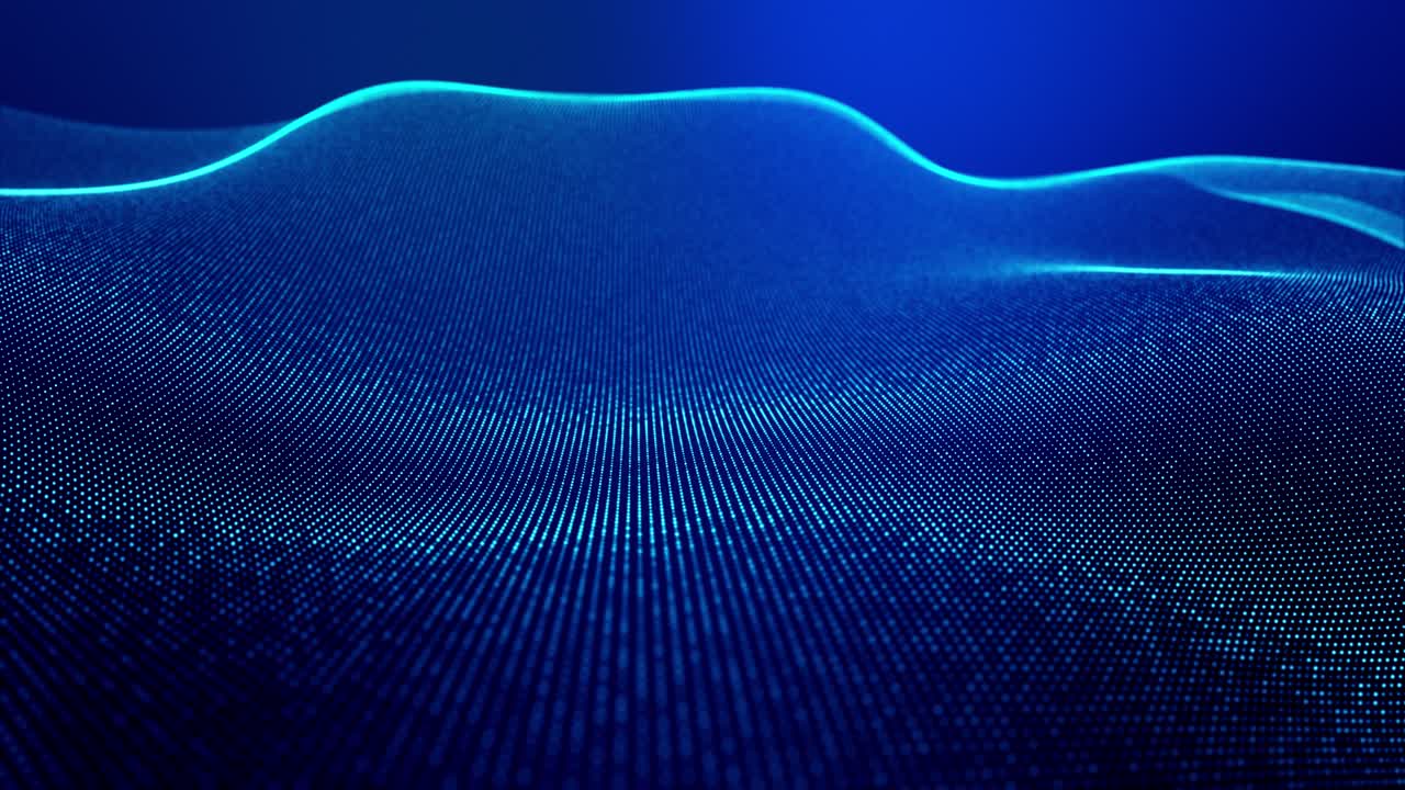 4k looped abstract background of glow particles form lines, surfaces as futuristic landscape in cyberspace or hologram. Sci-fi theme of microworld, nanotechnology or cosmic space. Blue 1