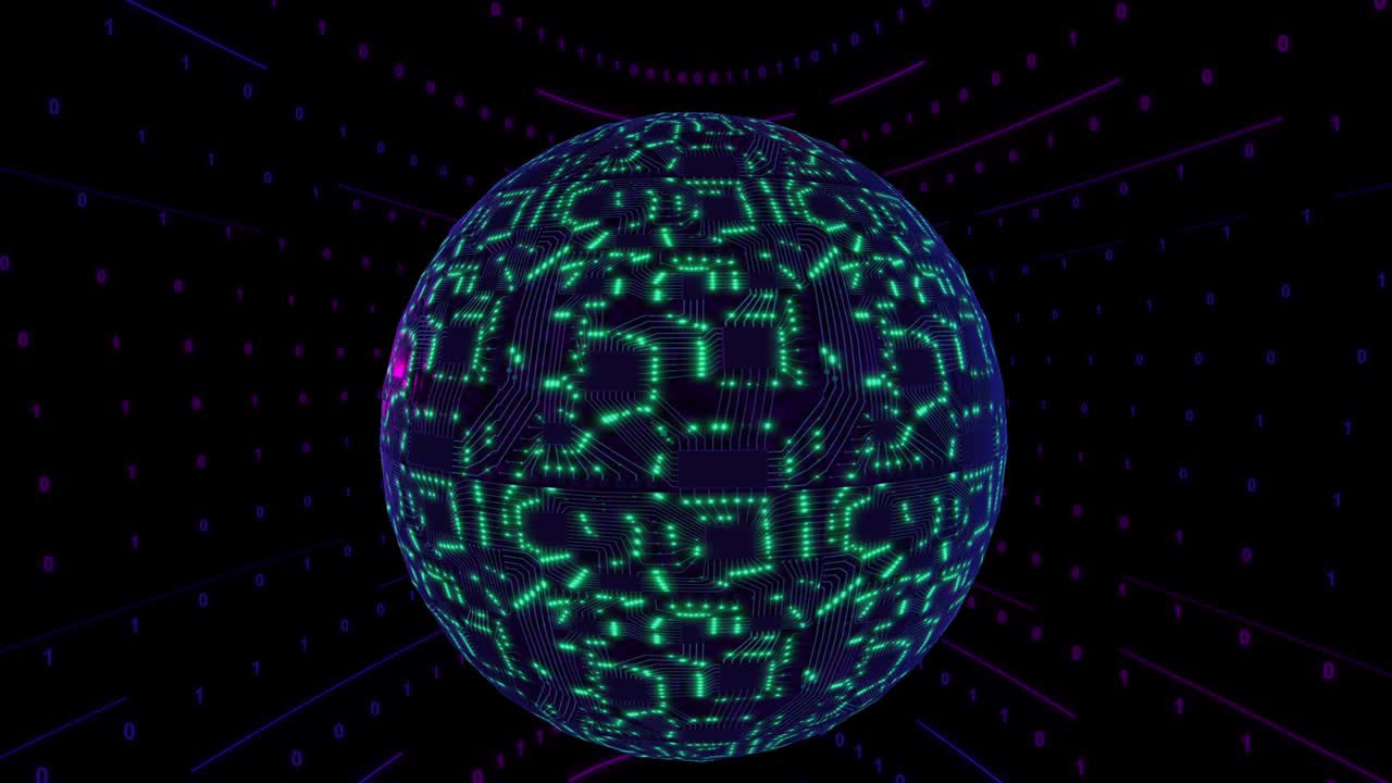 concepto digital 3d, planeta esfera con placa de circuito y cpu. red neural digital. ripple de energía de cpu