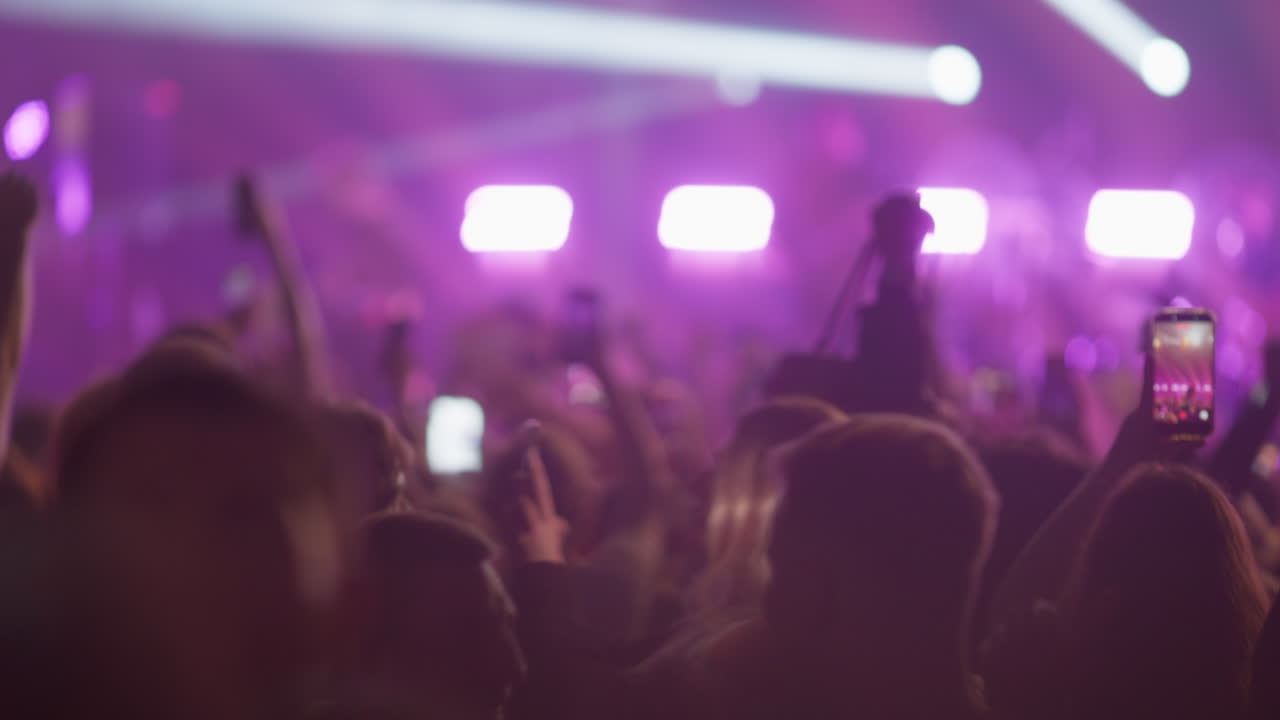 Folla sfocata a un vivace concerto musicale con luci stroboscopiche sul palco