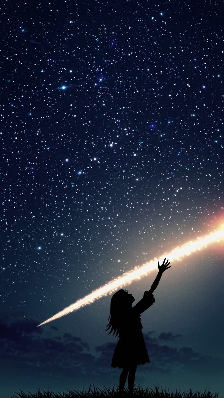 Silhouette of a girl reaching for a shooting star under a starry sky