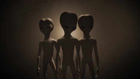 3d cgi vfx mid-shot of three classic roswell style grey aliens on a sepia backlit background, standing and looking menacingly into the camera, with a smokey, atmospheric environment