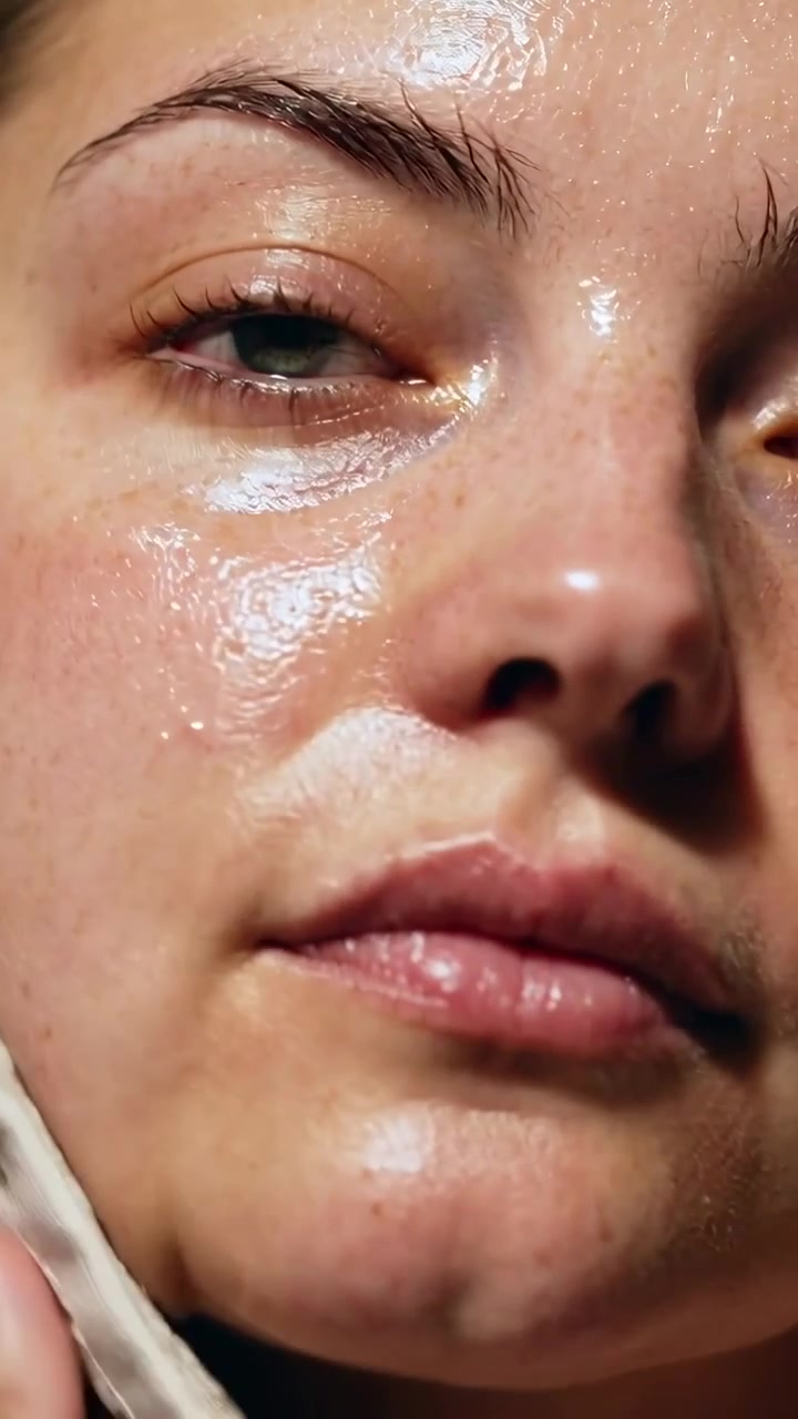 Vertical video: Pressing towel, woman wiping wet face, opening eye and drying skin at bathroom
