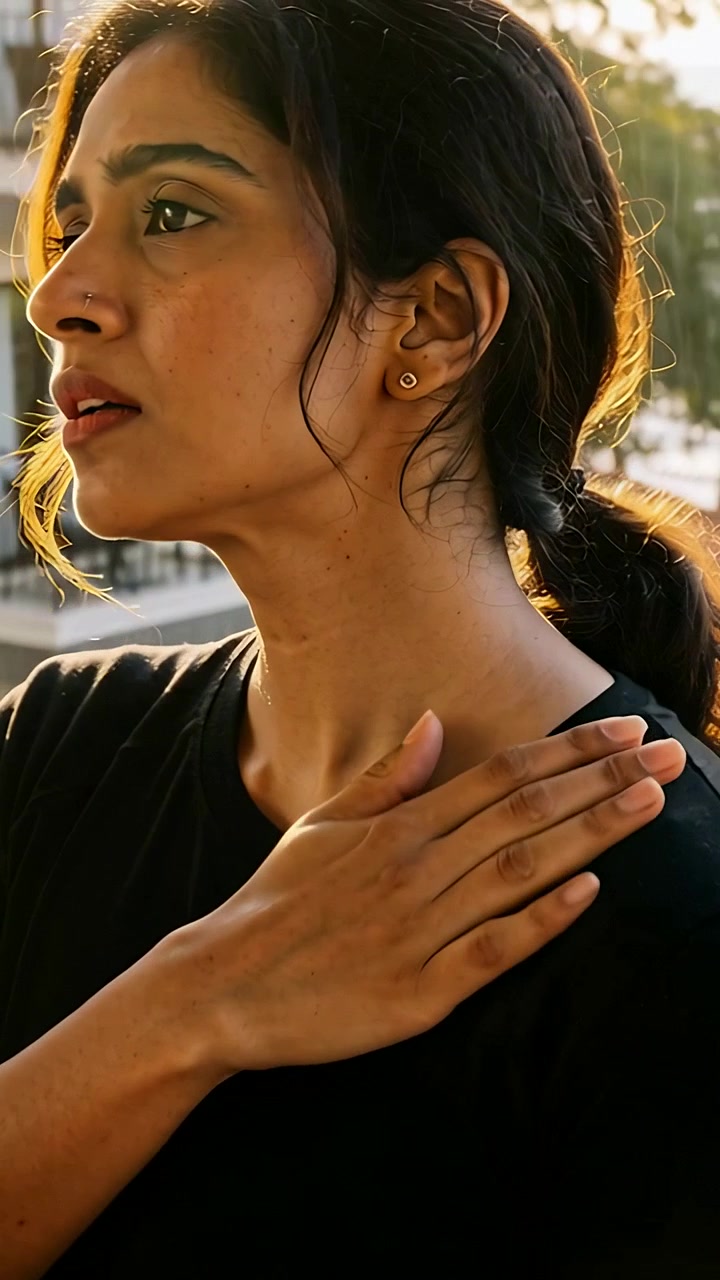 Video verticale: Donna con top nero che si tocca il petto, pensierosa, su un balcone al sole.
