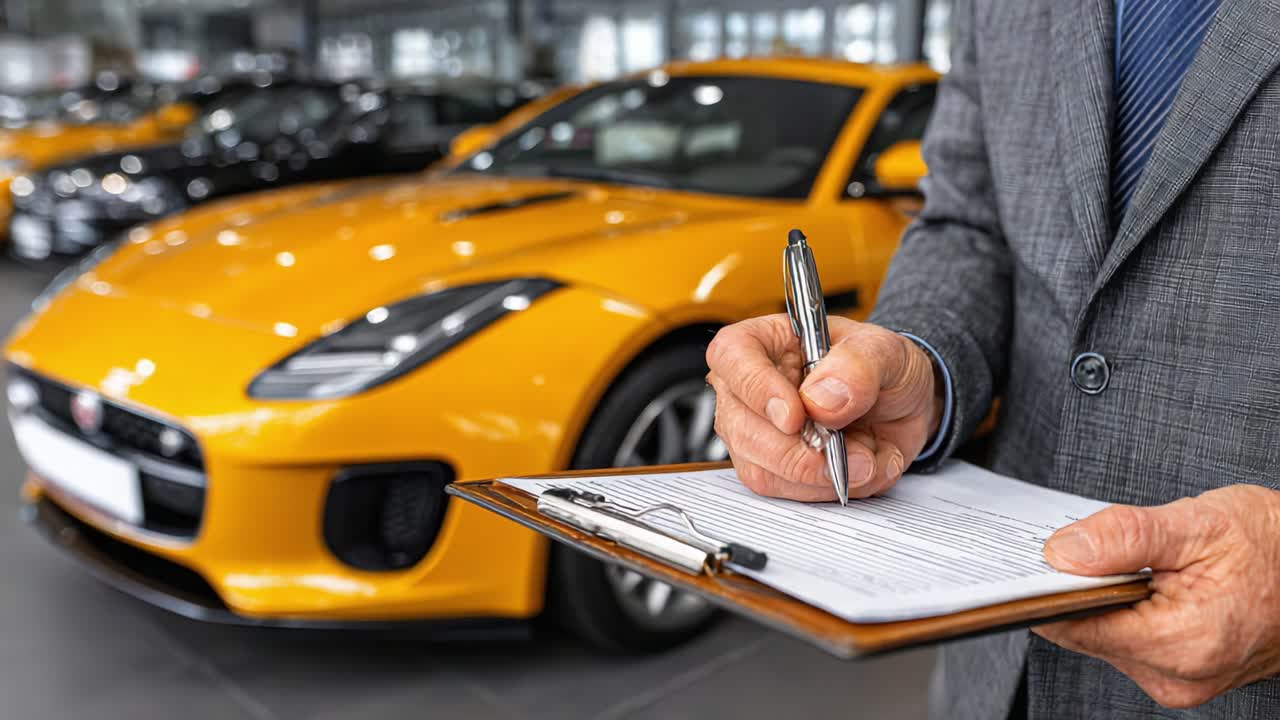 Uomo d'Affari in Abito che Firma Documenti per un'Elegante Auto Sportiva Gialla in uno Showroom Moderno, Sottolineando l'Emozionante Acquisizione di un Veicolo di Lusso.