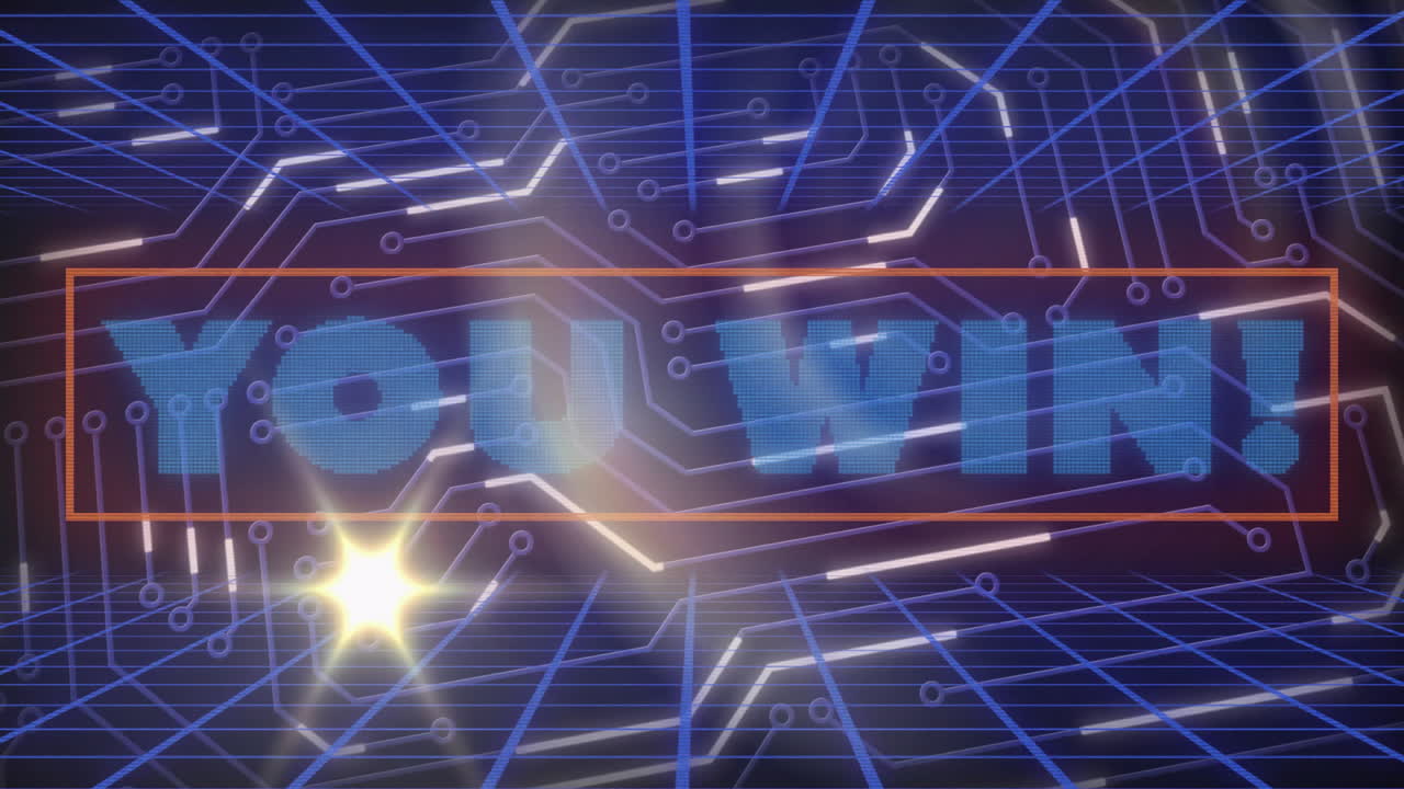 You win text animation over futuristic digital grid with glowing lines