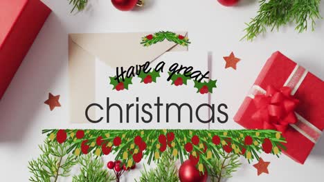 Animation-of-have-a-great-christmas-text-over-christmas-decorations-on-white-background