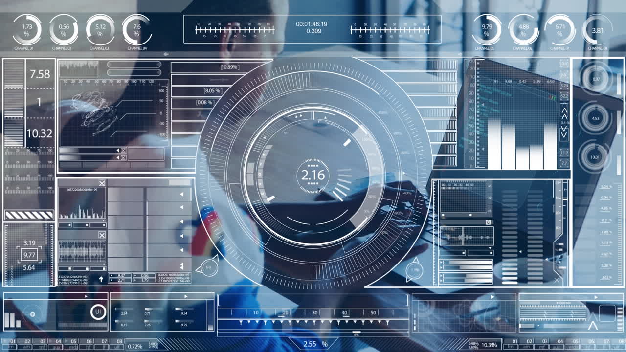 Animation of data processing and african american businesswoman using computer