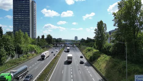 katowice a4 freeway with low traffic flow where cars and truck driving road during a beautiful summer day - 4k