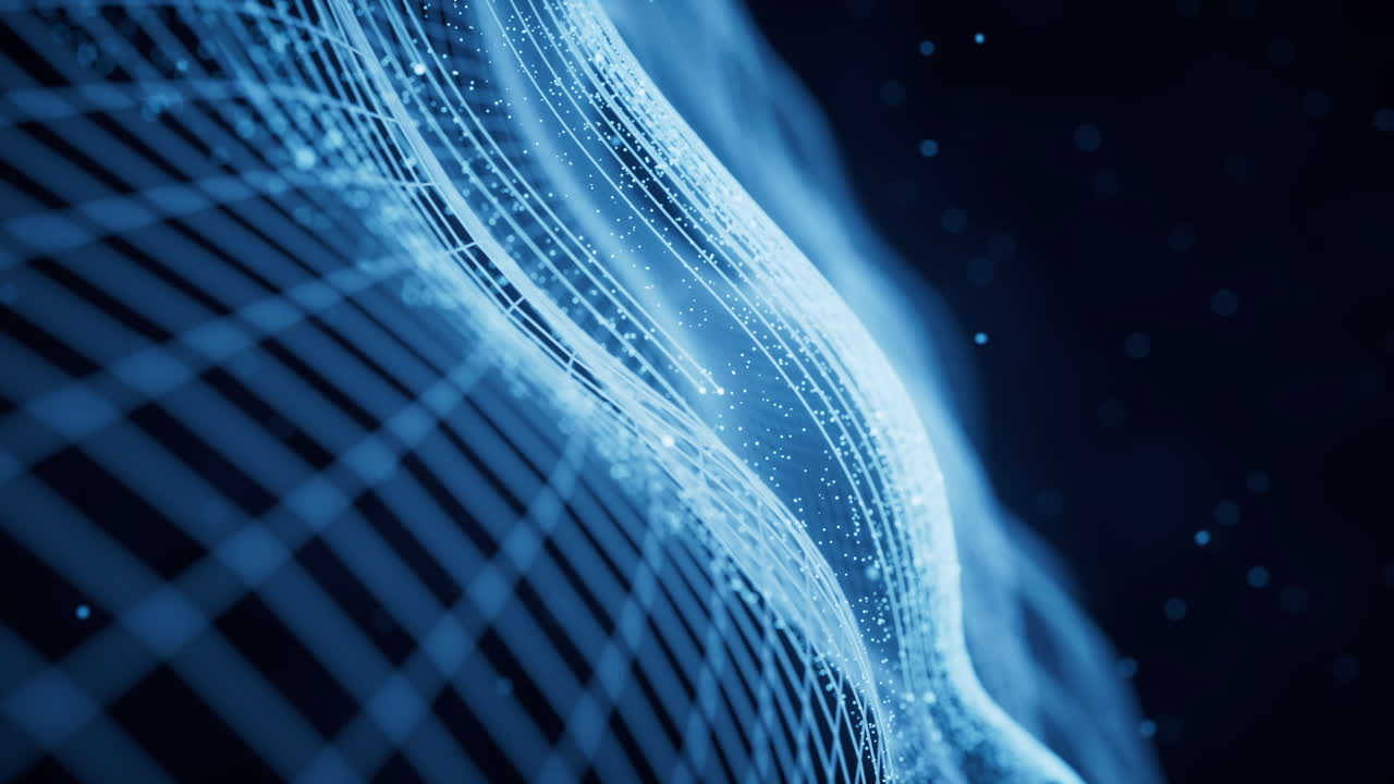 Flowing particles with glowing lines, 3d rendering.