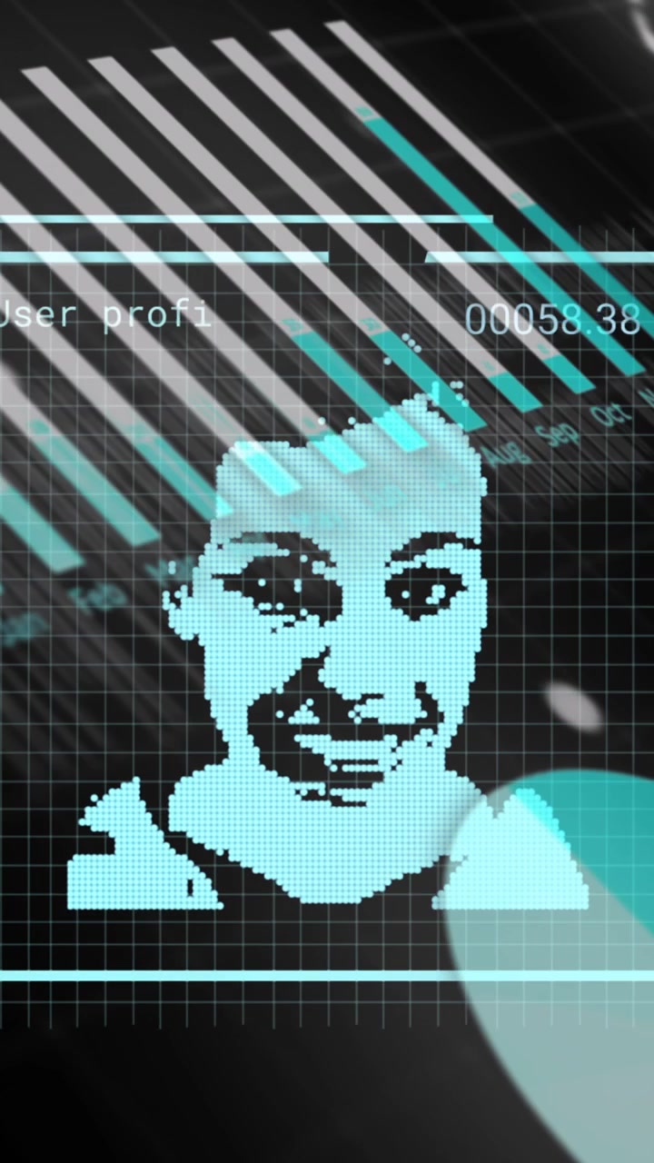 Animation of user photos and graphs on black background