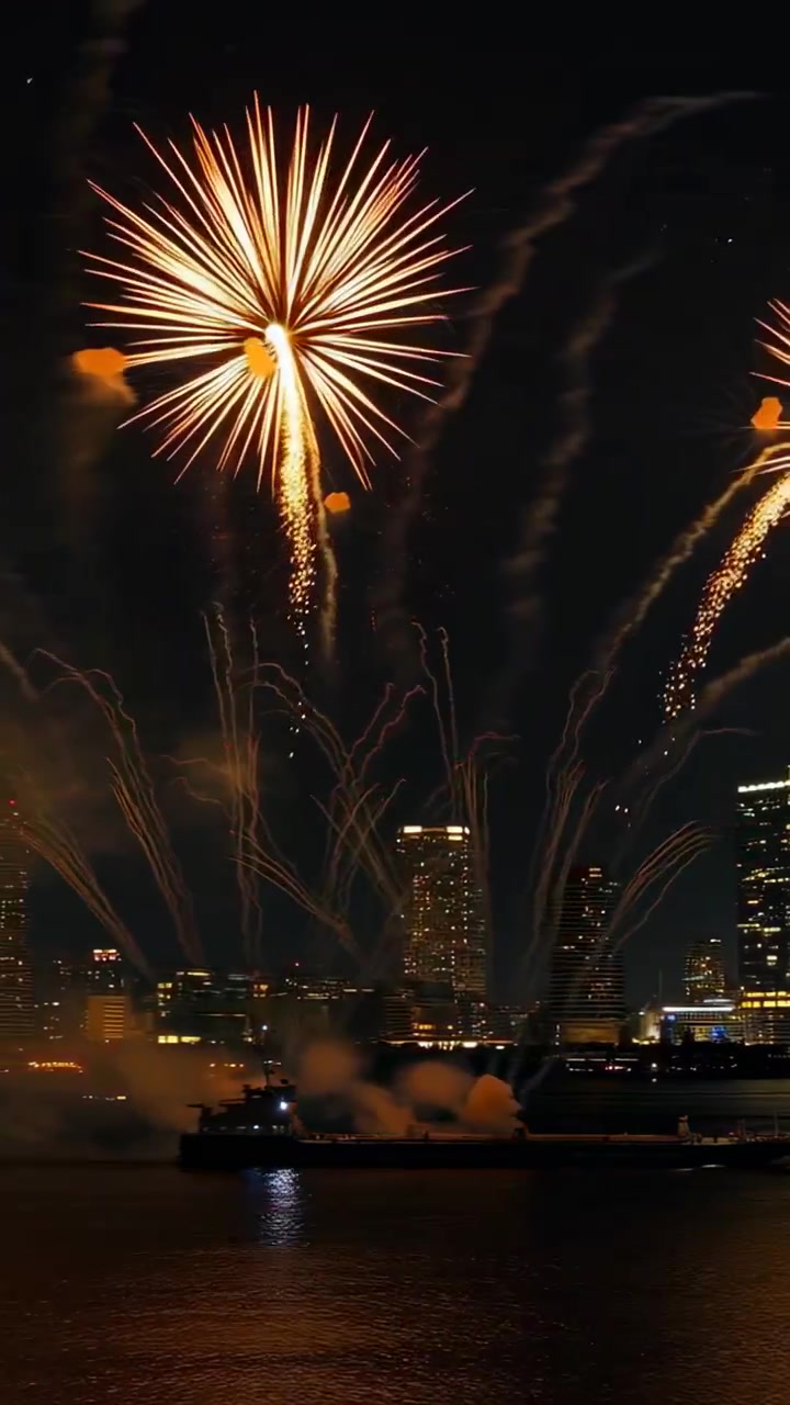 Video verticale: Accensione di grandi fuochi d'artificio, chiatta che lancia proiettili sul fiume con lo skyline per un evento.