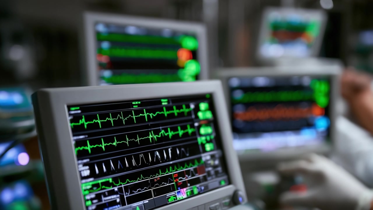 Sistemi di Monitoraggio High-Tech in un Contesto Medico: Una Vista Ravvicinata di Monitor della Frequenza Cardiaca che Mostrano Segni Vitali e Metriche di Salute per la Cura del Paziente