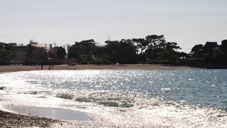 wide open beach with beautifully sparkling ocean and waves coming in