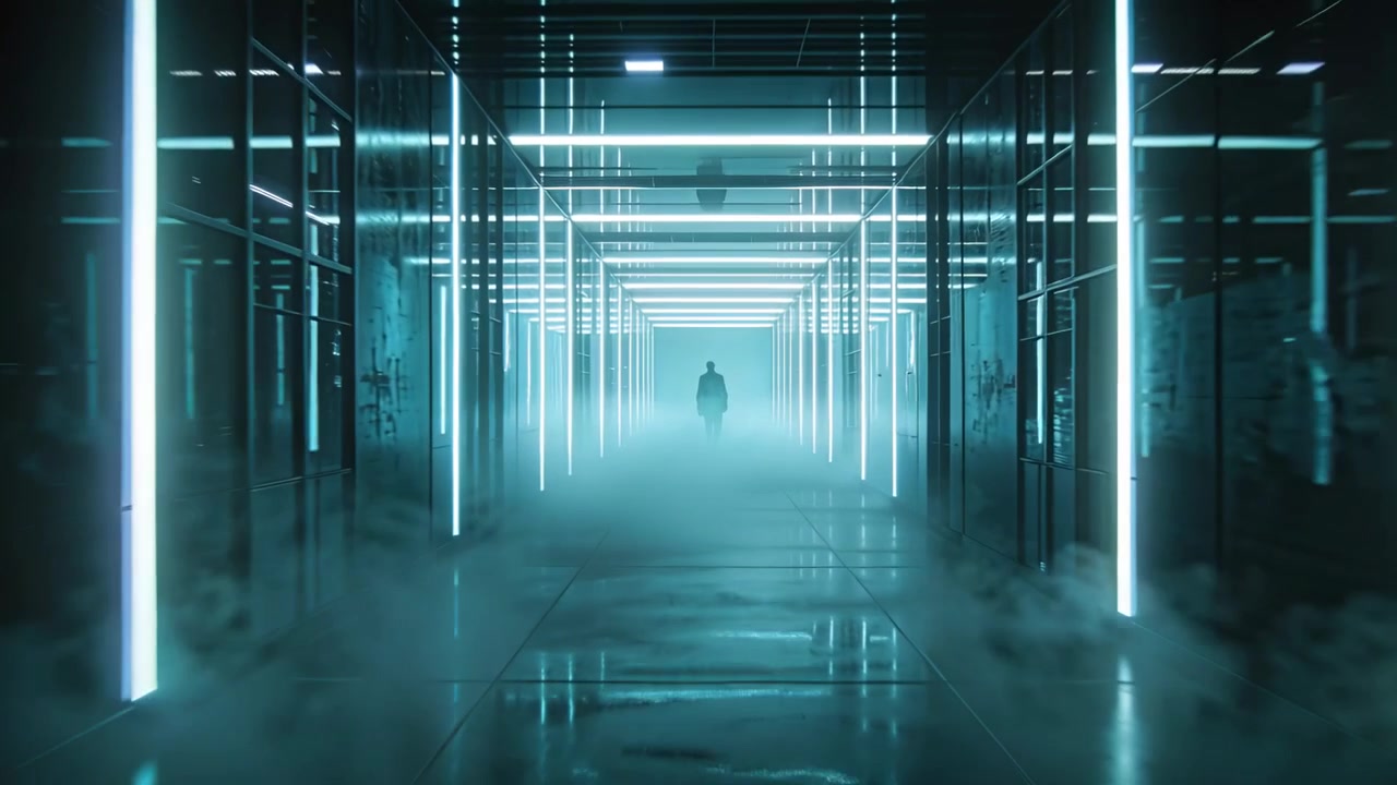 Walking adult silhouette wearing dark coat stepping forward in neon LED tunnel, with fog thickening