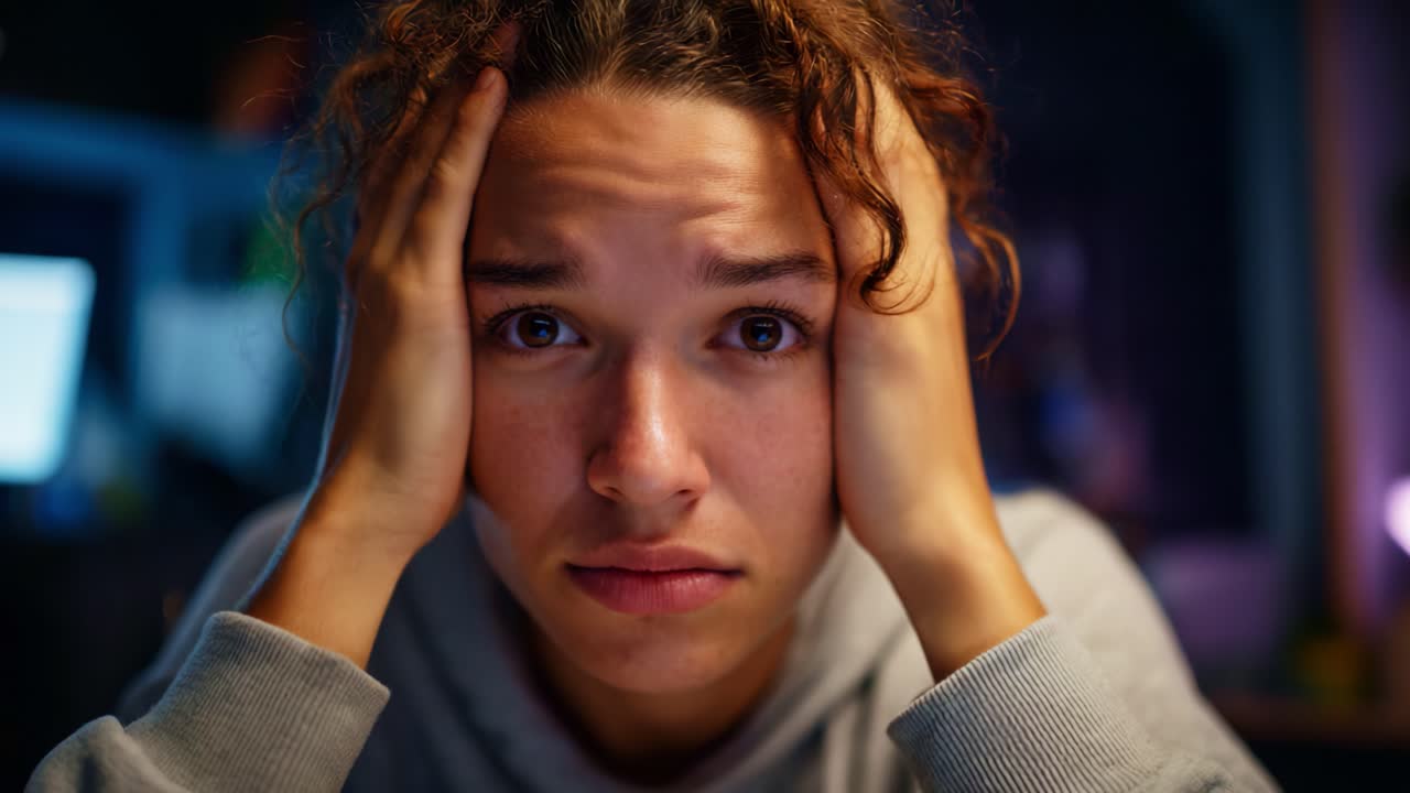 A young person expressing frustration and distress, displaying concern and anxiety while focusing on their surroundings in a dimly lit environment, showcasing emotion
