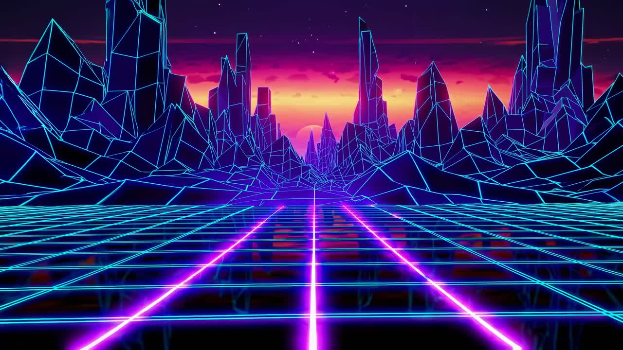 Concetto video futuristico con un paesaggio a griglia neon in stile retro anni '80.