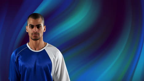 animation of portrait of asian sportsman over moving blue swirl background