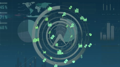 Futuristic financial data analysis hologram, office setting