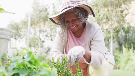 Glückliche-ältere-Afroamerikanische-Frau,-Die-Im-Garten-Arbeitet