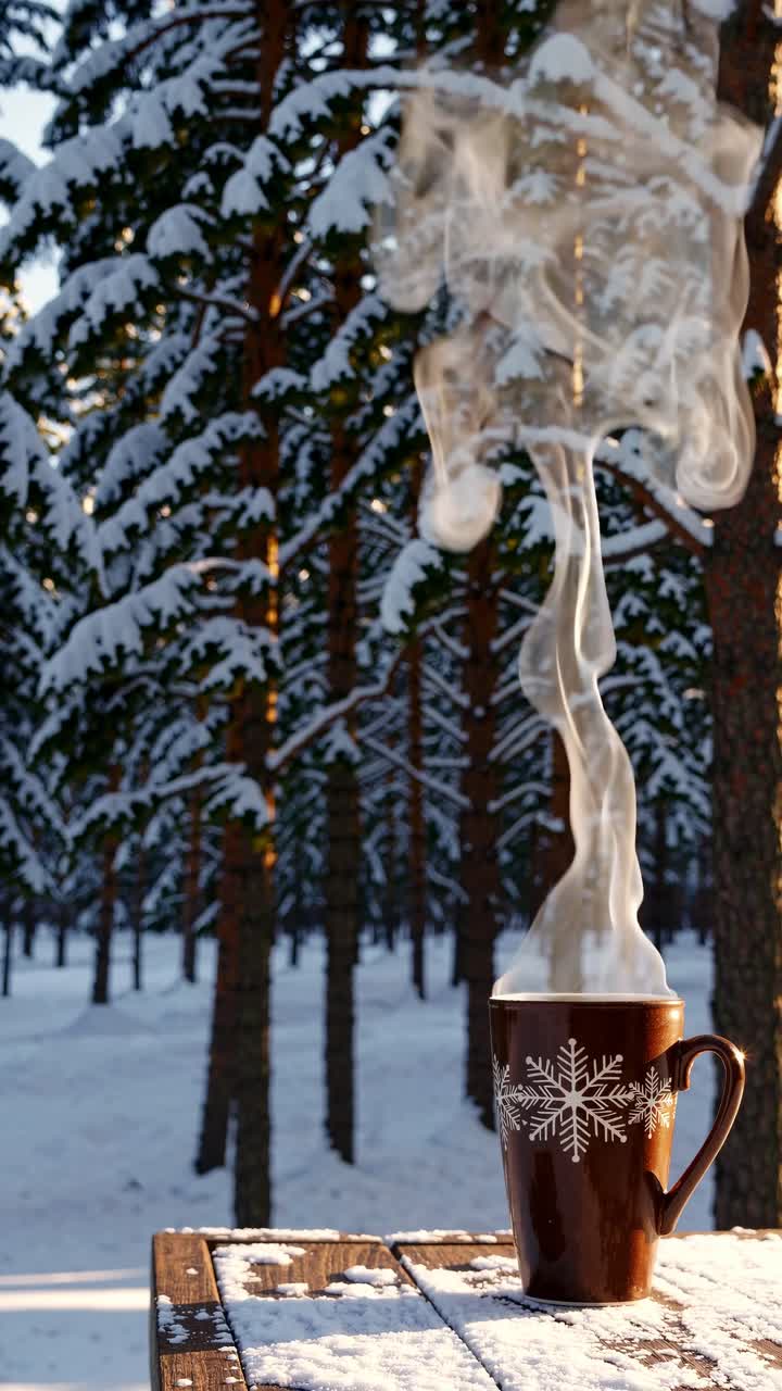 Steaming mug on a snowy table in a forest, captured from a low angle