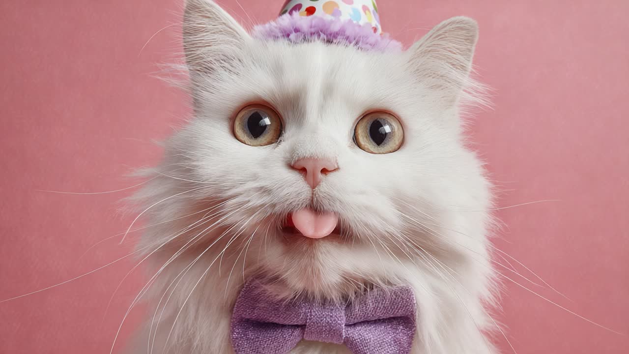 Seekor Kucing Putih Ceria Merayakan dengan Topi Pesta Warna-Warni dan Dasi Kupu-Kupu Ungu: Mengabadikan Momen Ajaib Kesenangan dan Keriaan Kucing