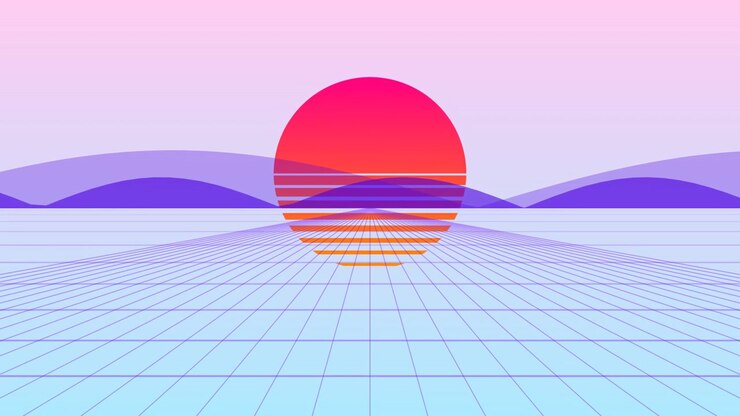 Retro Synthwave Style Landscape with Glowing Sun and Grid