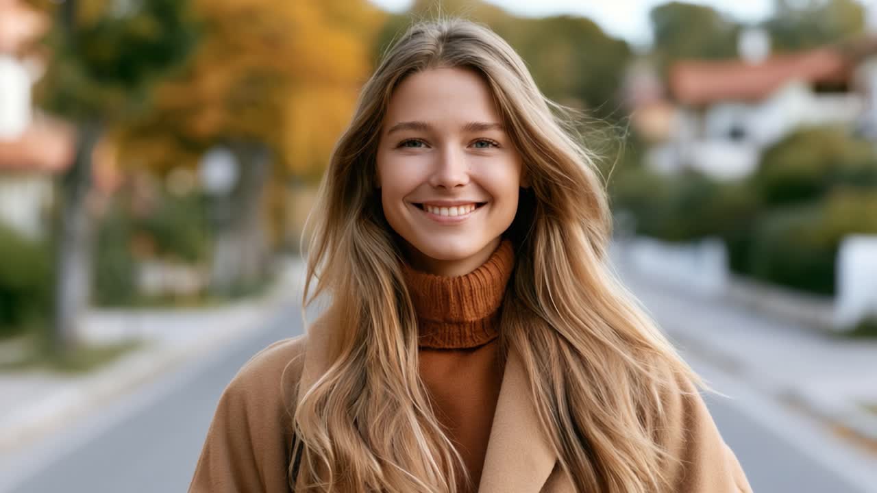 Smilende ung kvinde i hyggelig sweater, der omfavner en smuk efterårsdag på en malerisk gade i nabolaget.