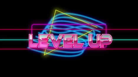 Animation-of-level-up-text-over-light-trails-on-black-background