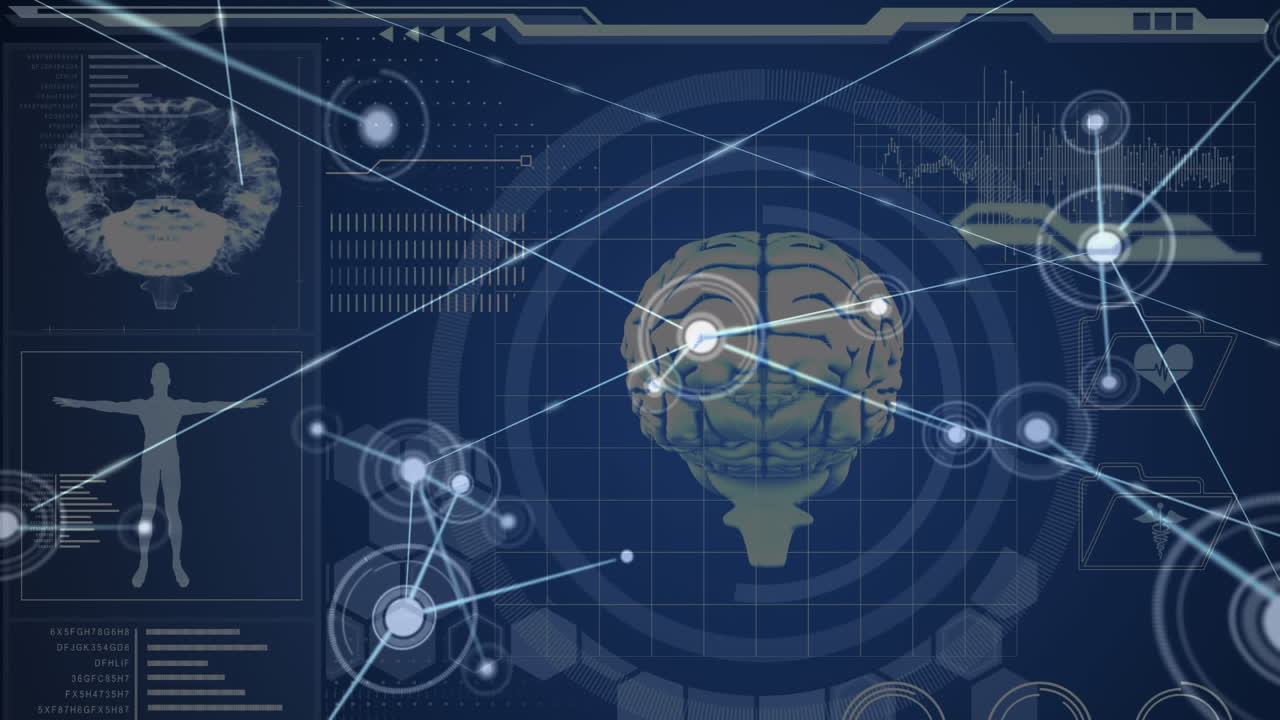 Animation of network of connections and data processing on black background