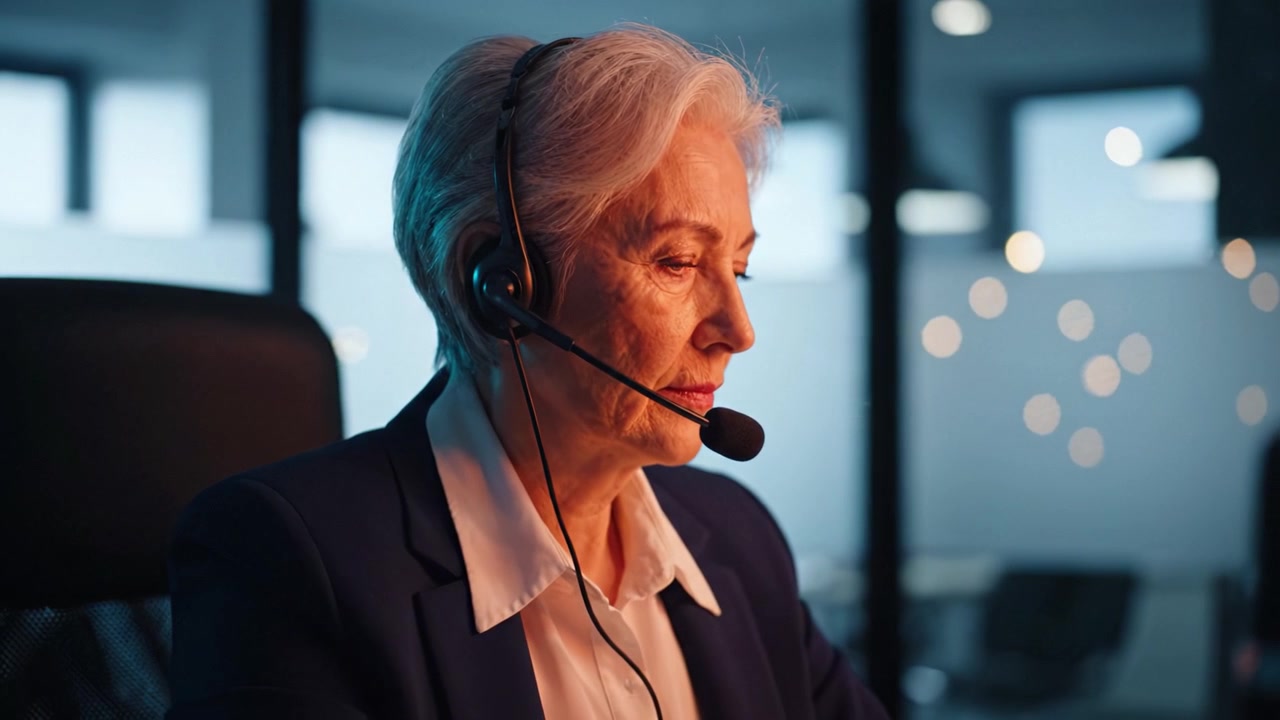 Donna d'affari concentrata in un ambiente professionale, impegnata in una conversazione con auricolare, che mette in mostra le dinamiche del posto di lavoro moderno e le sue capacità comunicative.
